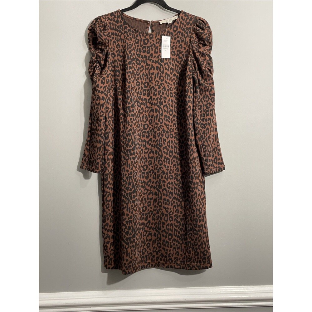 LOFT Leopard Print Midi Dress Womens Medium Ruched Long Sleeve NWT